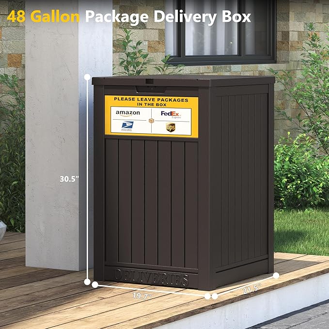 LHBGO Package Delivery Box for Outside with Sign, 48 Gallon Storage with Lockable Secure, Large Double Wall Resin Outdoor Package Delivery Waterproof