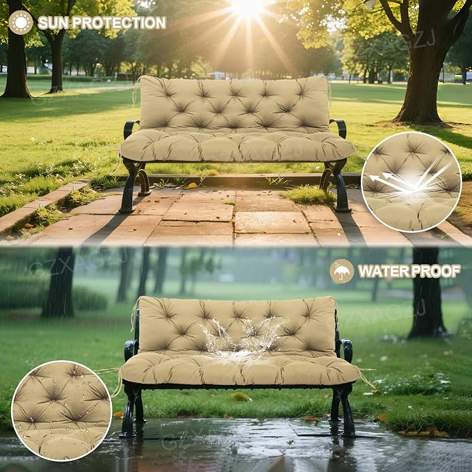 Durable Not Easy to Fade Porch Swing Cushions 60 inch Extra Thick 5 Inch Waterproof Outdoor Swing Cushions 3 Seater Replacement with Backrest & 8 Ties Swing Cushion for Outdoor Furniture Patio(Khaki)