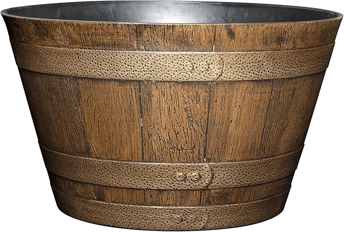 Classic Home & Garden by Growscape Whiskey Barrel Planters, Wooden Finish Flower Planter Pot, Stylish Garden Pots, Indoor Outdoor Resin Planters, Weather-Resistant Plant Pot (20.5" Oak Brown, 1-Pack)
