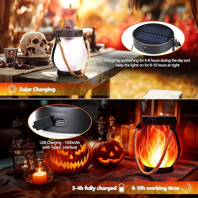 iBaycon 2 Pack Solar Lanterns Lights, Halloween Flickering Flame Garden Lights with 2 Modes Dual Charging USB & Solar, Outdoor Waterproof Hanging Lantern for Party Holiday Halloween Decor (Red)