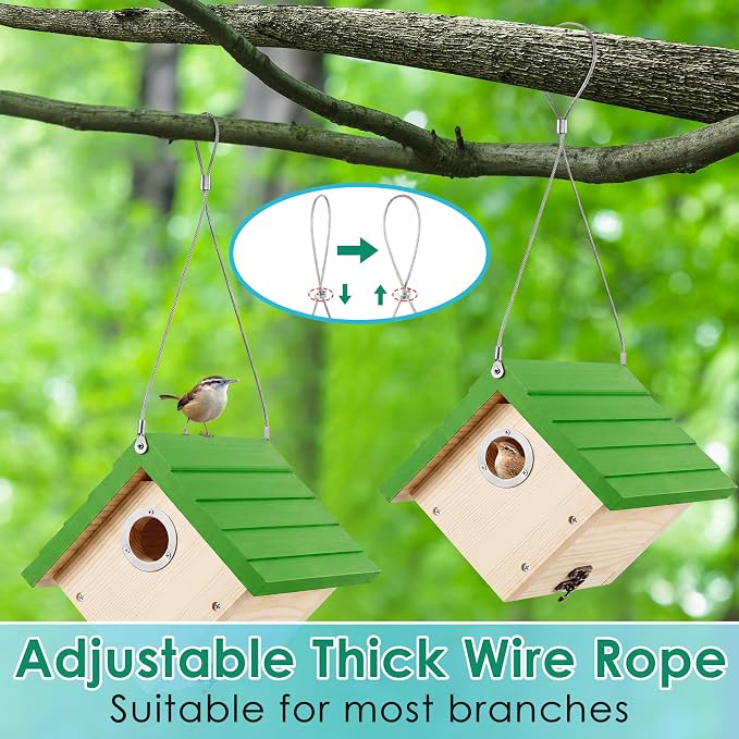 Dreyoo 2 Pack Wren House, 1-1/8'' Entrance Hole Hanging Wooden Wren Bird Houses for Outside with Metal Guard, Air Vents, Pine Wood for Chickadees (Green,Wood Color)
