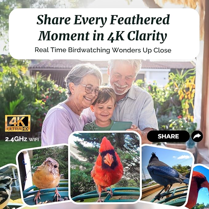 Kiwibit Smart Bird Feeder 4K AI Camera with Solar Panel, No Subscription, Lifetime AI Feature Included, 4K Video Live Stream, 8MP Photos Auto Capture, Bird Species Identification, Bird Notification