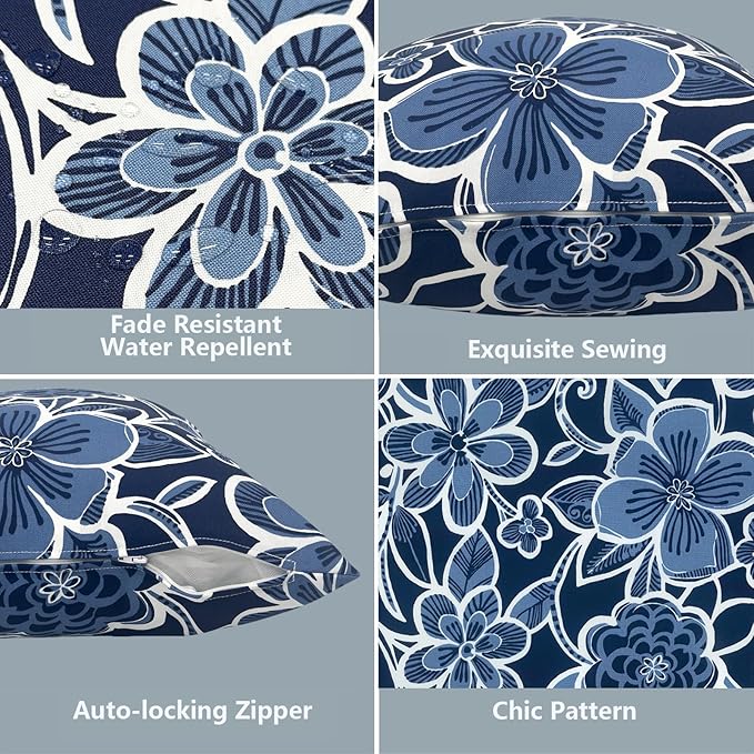 LVTXIII Outdoor Pillow Covers 20x20 Inch, 2 Pack Large Square Throw Pillow Cases, Fade-Resistant Cushion Covers for Patio Furniture Sofa, Garden Porch, Flower Navy