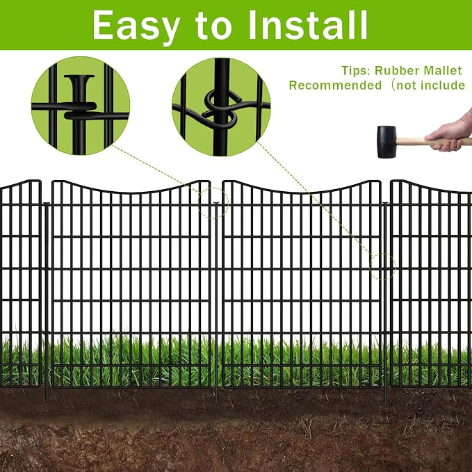 10 Panels Garden Fencing Animal Barrier with Gate, 48 in(H) X 23.6 ft(L) Dog Fence Outdoor for Yard, No Dig Temporary Tall Fence Rustproof Metal Wire Panel Border for Dog, Rabbits, and Patio