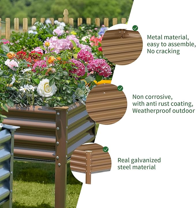 Land Guard Galvanized Raised Garden Bed with Legs, 96×24×32in Raised Garden Beds Outdoor with Drainage Holes, Planter Boxes Outdoor for Backyard, Patio, Balcony, 1200lb Capacity, Brown