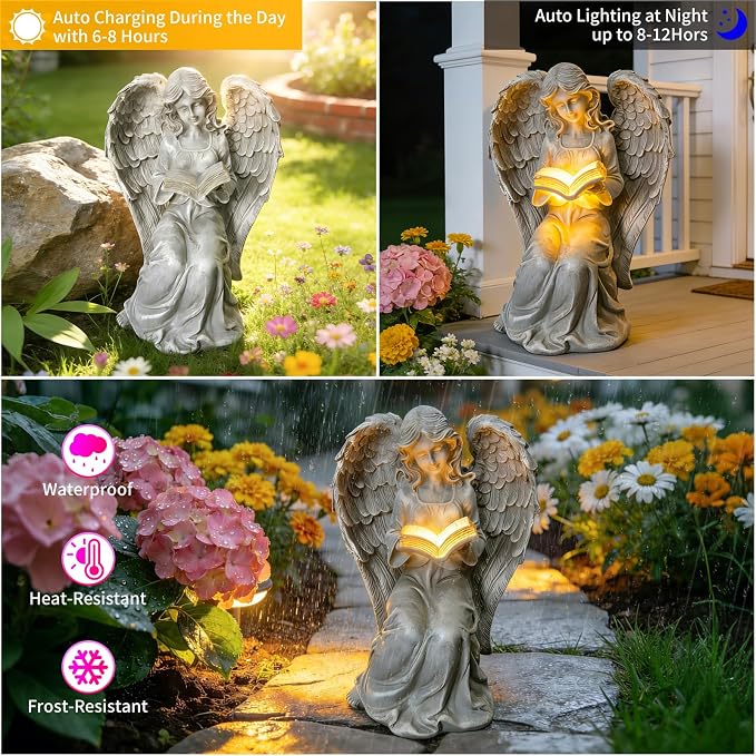 Solar Angel Book Statue, Waterproof Resin Outdoor Yard Garden Decor | Auto solar 7.5in reading angel figurine, warm LED glow, UV-resistant resin for indoor & outdoor decor