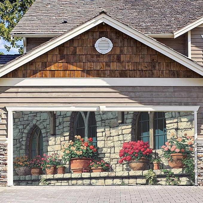 7 * 16FT Summer Garage Door Cover Decorations Sunset Palm Trees Garage Door Banner for Outdoor Indoor Summer Party Photography Backdrop (Flower pot-window, 7 * 16 ft)