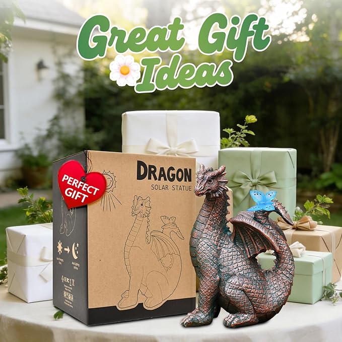 Nacome Solar Dragon Outdoor Statues for Garden: Outside Decor with Butterfly Clearance for Yard Art Lawn Ornaments Porch Patio Balcony Home House for Mom Grandma Women