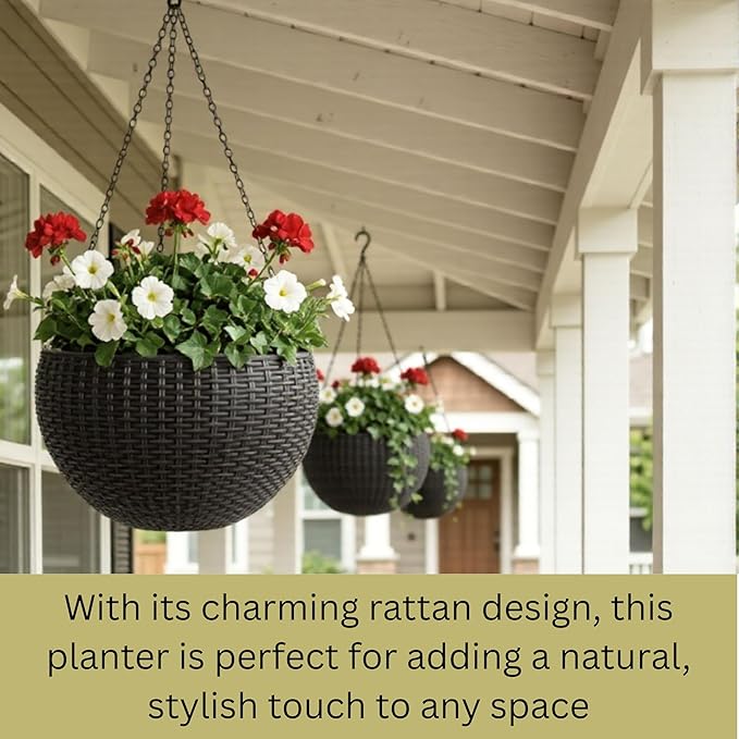 LaLaGreen Hanging Planters for Indoor Plants (11 Inch, 4 Pack) Self-Watering Round Rattan Style Flower Pots with Water Level Indicator, Black Metal Chain Hanging Baskets for Porch Garden Balcony Decor