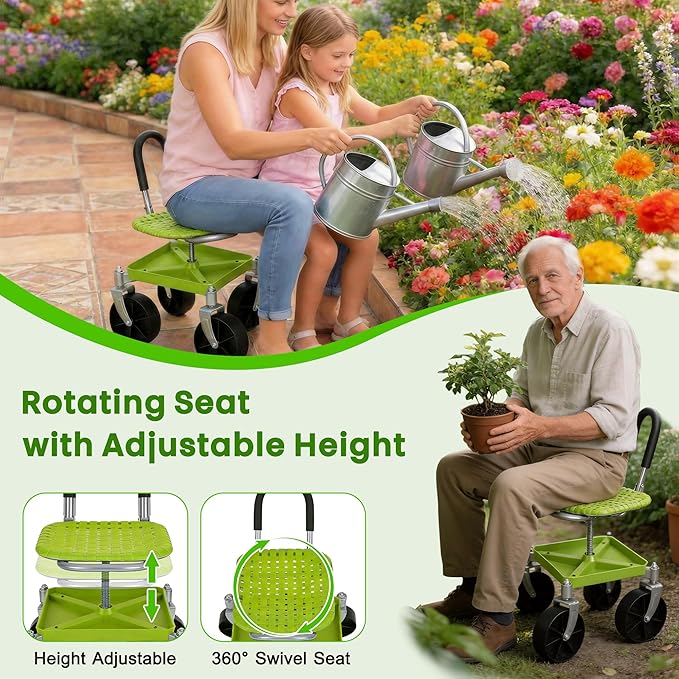 Outdoor Garden Stool with 360° Swivel Caster Wheels, Rolling Garden Cart with 360° Swivel Seat, Height Adjustment, Back Tool Pouch & Under-Seat Tray, Gardening Gifts for Women, Parents, Seniors