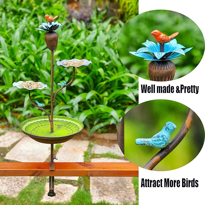 Lotus Theme Deck Railing Bird Bath Feeder Combo, Multi-Function Railing Bird Feeder & Bird Bath for Outdoor Use