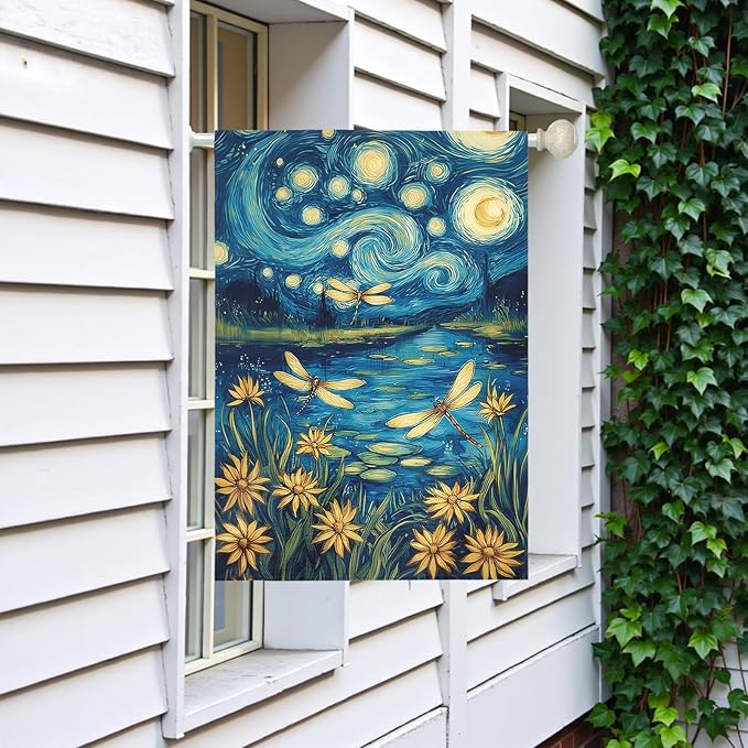 Summer Daisy House Flag Starry Night Style Floral Garden Flags with Dragonflies Spring Lake Landscape Artistic Impressionist Flower Banner Outdoor for Lawn Patio Porch Seasonal Home 28 x 40 Inch