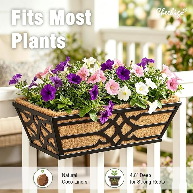 4 Pack 16 Inch Window Boxes Planters with Coco Liner, Metal Railing Planter Boxes for Outdoor Plants, Hanging Flower Basket for Garden Fence and Porch Rail Decoration