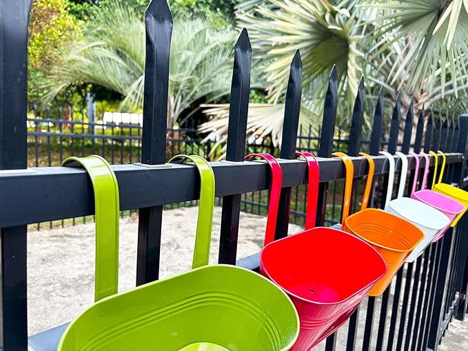 12" Balcony Railing Planters, Outdoor Hanging Planter for Fence, Stylish Metal Porch Deck Flower Pot for Herbs & Succulents (11.8", Pack of 6)