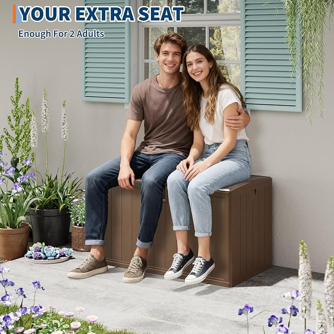 130 Gallon Outdoor Storage Box, Large Resin Deck Box with Hydraulic Air Rod, Lockable Lid & UV Resistant, All-Weather Deck Box for Patio Furniture, Pool Accessories, Gardening Tools, Brown