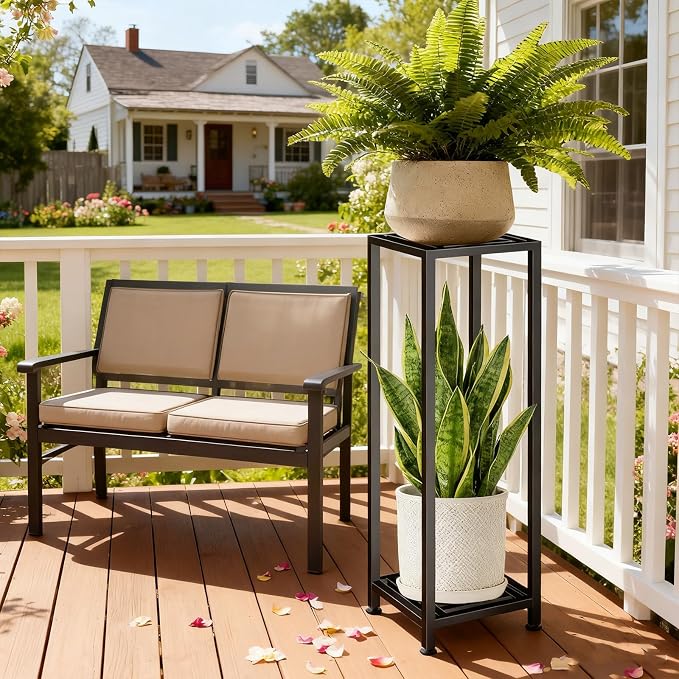 LUBORN Plant Stand Indoor Outdoor, 41'' Tall Wrought Iron Plant Stands, 2 Tier Heavy Duty Metal Pedestal Stand Decorative Flower Stand for Patio Garden Deck Living Room