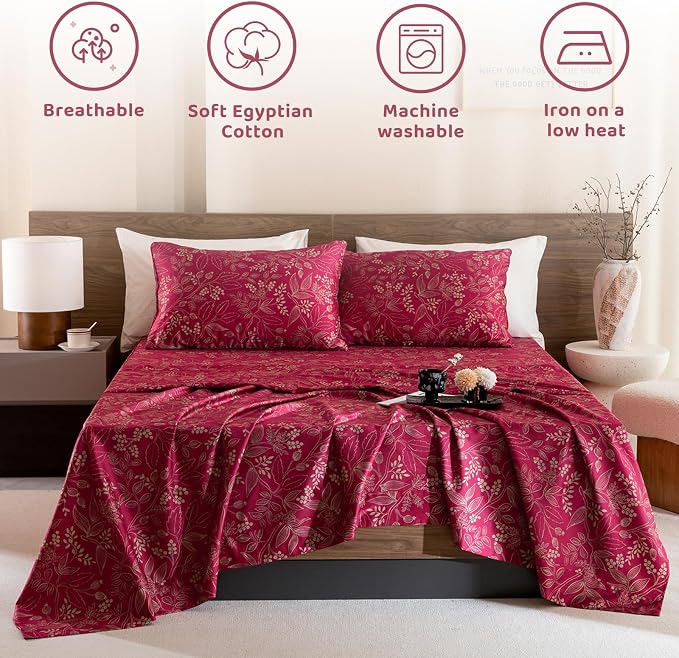 QSH Floral King Size Sheet Sets - 100% Egyptian Cotton Floral Bedding Sheets Red Flower Pattern Botanical Printed Bedding King Size Bed Sheets 17.5" Extra Deep Pocket 4pcs
