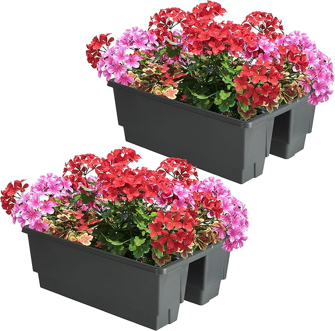 Railing Planter Box 2-Pack - 20.75-Inch Flower Boxes with Removable Drainage Inserts - 6-Gallon Outdoor Planters for Porch, Deck, or Balcony Decor, Fits Rail 3” - 4” by Pure Garden (Gray)