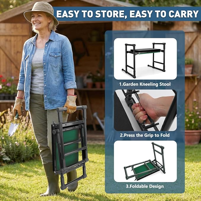 Garden Kneeler and Seat for Seniors – Heavy Duty Anti-Tip Gardening Stool with Widened Thick Soft Kneeling Pad, Foldable Garden Bench with Sturdy Handles, Gardening Gifts for Women Men Mom (Blue)
