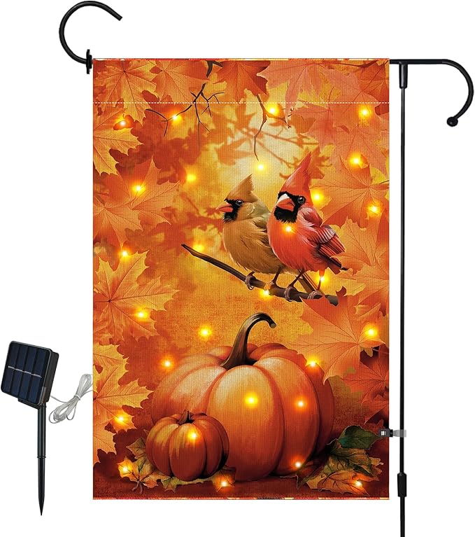 Lighted Cardinals Fall Garden Flag 12 x 18 Inch Double Sided Burlap Led Leaves Bird Garden Flag for Autumn Party Yard Outdoor Decoration