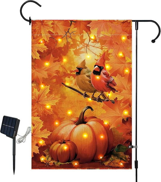Lighted Cardinals Fall Garden Flag 12 x 18 Inch Double Sided Burlap Led Leaves Bird Garden Flag for Autumn Party Yard Outdoor Decoration