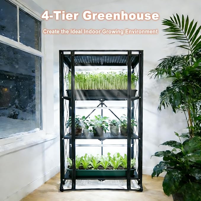 Indoor Greenhouse with Grow Light, 4-Tier Foldable Metal Plant Shelf with Full Spectrum 6000K Growing Lamps and Tent, Mini Greenhouse Cabinet with Timer for Seed Starting (28.2"x14.2"x50")