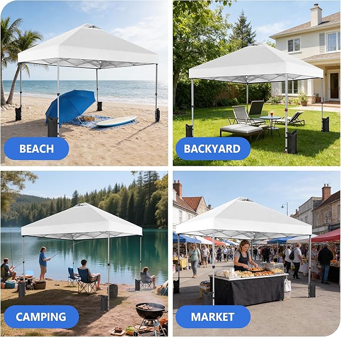 OLIXIS 10x10ft 1-Person Pop Up Canopy Tent, Heavy Duty One Push Setup Portable Outdoor Shelter for Beach Events Camping with Rolling Carry Bag, Snow White