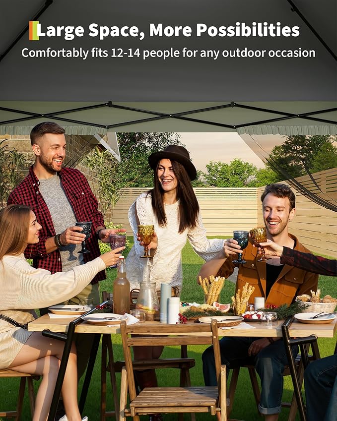 GarveeLife Canopy Tent 13x13 ft, Pop Up Gazebo One-Push Setup with 4 SandBags for Backyard Parties and BBQs, Mosquito Netting & Height Adjustable - Grey