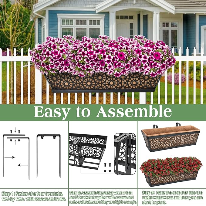 Halatool 2 Pack 30 Inch Window Box with Coco Liner Sturdy Metal Deck Railing Planter with Coconut Coir Basket Liners for Windowsill Fence Porch Balcony and Patio Outdoor Indoor Lawn