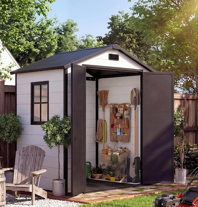 Resin Outdoor Storage Sheds 4x6 ft, Upgraded Double-Wall Outdoor Plastic Shed with Window & Double Doors, Waterproof Lockable Garden Shed (Grayish White + Black, 6 X 4 ft)