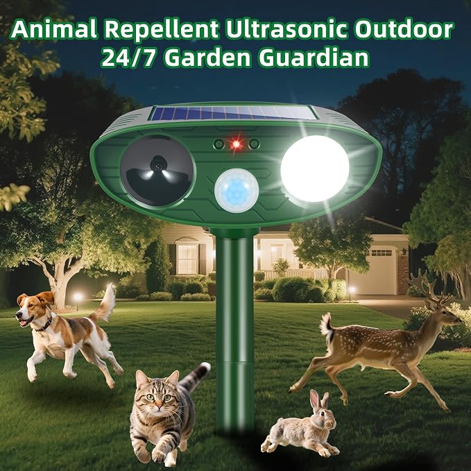 4 Pack Upgraded Sonic Fortress Pro Deer Repellent Devices Waterpfoof Ultrasonic Cat Squirrel Rabbit Racoon Deterrent Outdoor with Motion Sensor & Strobe Light-Solar Animal Repellent for Garden Yard