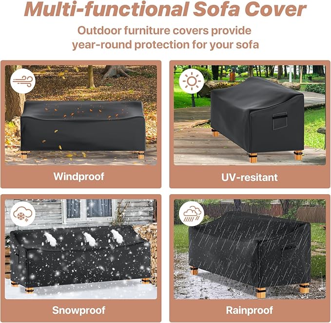 Likorlove Outdoor Couch Cover Waterproof, 85" Wx 37" Dx 35" H Patio Furniture Covers Waterproof 100%, Windproof 3-Seater Sofa Cover Heavy Duty with Air Vent and Handles for Lawn, Backyard Deck, Black