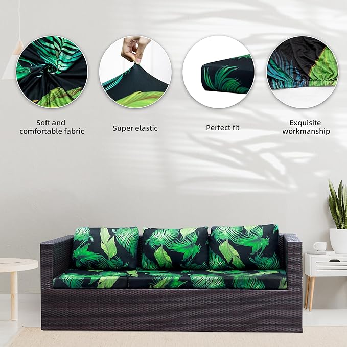 BIETYONE 8Pcs Stretch Patio Cushion Covers,Outdoor Couch Covers Replacement,Outdoor Couch & Sofa Slipcovers,for Patio Furniture Cushion Covers,Washable Reusable urniture Protector(Green Leaf,8PCS)