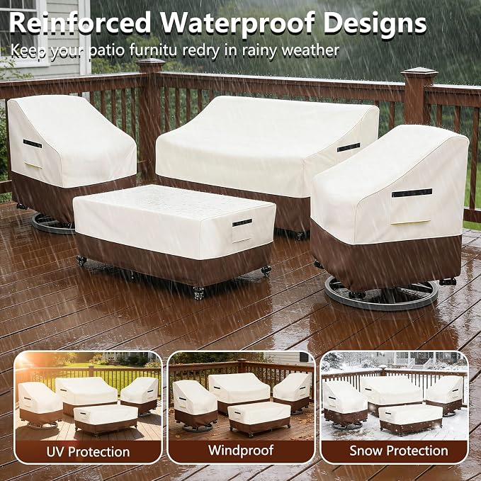 Patio Furniture Covers 4 Piece Set, 600D Heavy Duty Outdoor Furniture Covers Waterproof for Patio Loveseat,Swivel Rocker Chair and Coffee Table Furniture Set,Beige & Brown