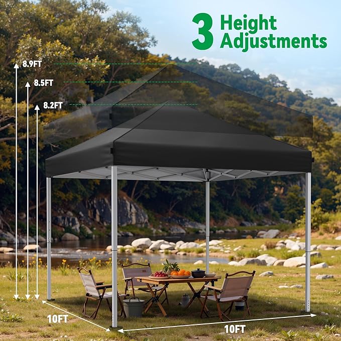 Driftalia 10x10 Pop Up Canopy Tent, Instant Setup Portable Canopy with Carry Bag, 4 Sandbags and 8 Stakes for Outdoor Events, Parties & Camping - Black