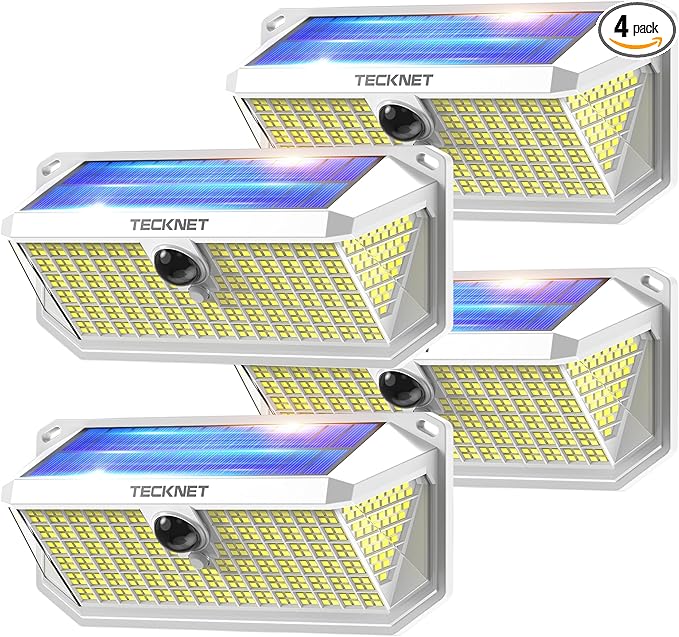 TECKNET 416 LED Solar Powered Outdoor Lights, 270° Angle & 3 Lighting Modes Motion Sensor Light Outdoor, Security Solar Lights Waterproof - 4 Pack, White, Cold Light