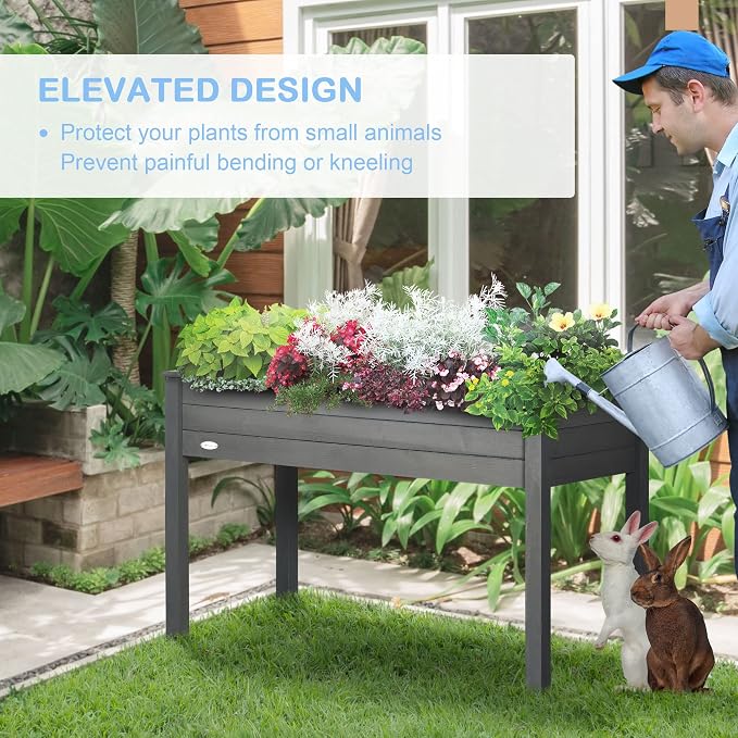 Outsunny Raised Garden Bed with Legs, 48" x 22" x 30", Elevated Wooden Planter Box, Self-Draining with Bed Liner for Vegetables, Herbs, and Flowers Backyard, Patio, Balcony Use, Dark Gray