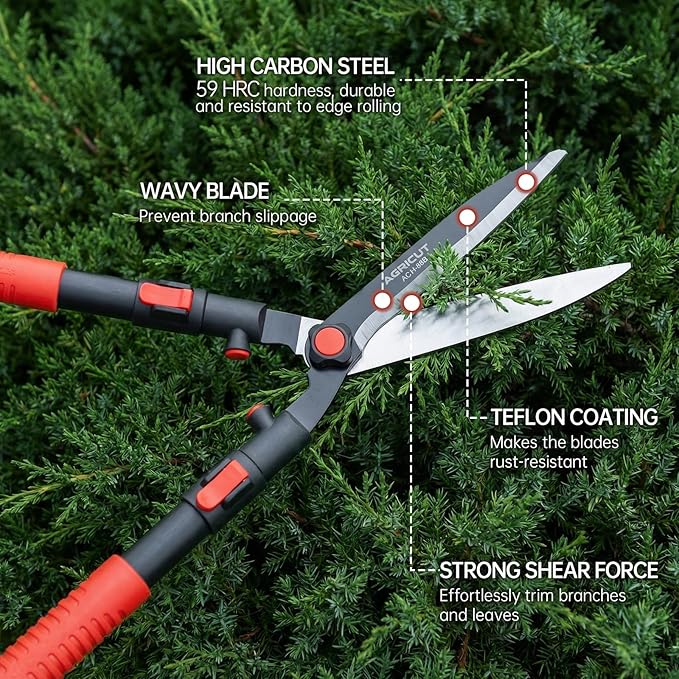 AGRICUT Garden Hedge Shears Extendable - Hedge Clippers Handheld with Wavy Blade High Carbon Steel Telescopic Hedge Trimmer for Garden Yard