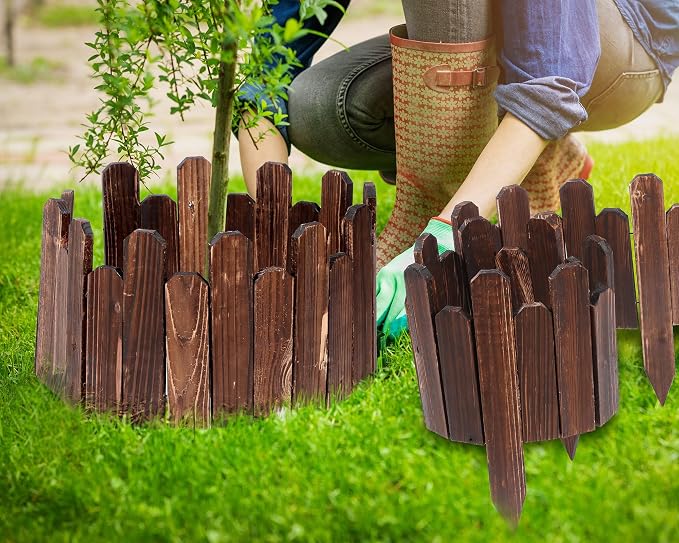 Soaoo 4 Pack Wood Garden Edging Border Outdoor Flexible Landscape Border Fence Decorative Lawn Edging with Gloves for Flower Bed Pathway Garden Yard (16 ft)