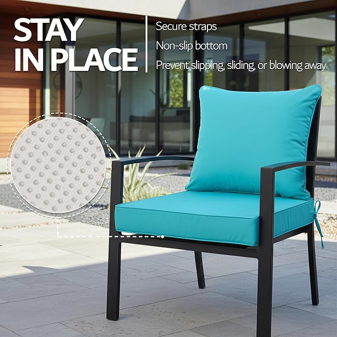 24x24 Inch Outdoor Chair Cushions Set of 4, Patio Furniture Cushions - Removable Cover, Water-Repellent, Fade-Resistant, Non-Slip Bottom & Straps, Replacement for Deep Seat Sofa & Couch - Teal