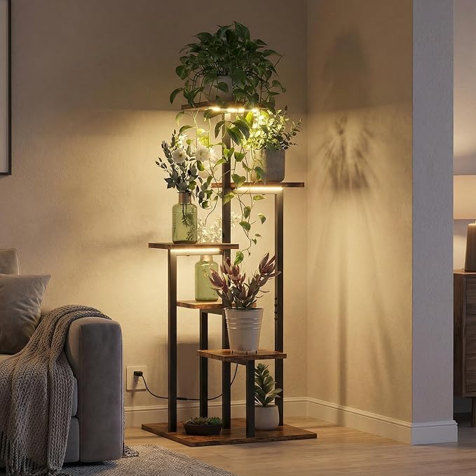 5 Tier Plant Stand Indoor with Grow Light for Multiple Plants | Corner Flower Stand with Vintage Design, Multi-Layer Plant Shelf, Sturdy Build, Ideal for Living Room & Indoor Plant Display