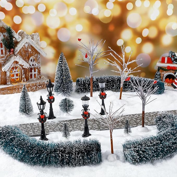 Hotop 18pc Christmas Village Accessories 47.2 Inch Village Roads Mini Snowy Trees Streets Light Lamppost Hedge Figurines Set for Display Winter Holiday Decorations DIY Crafts No Batteries(Cute)