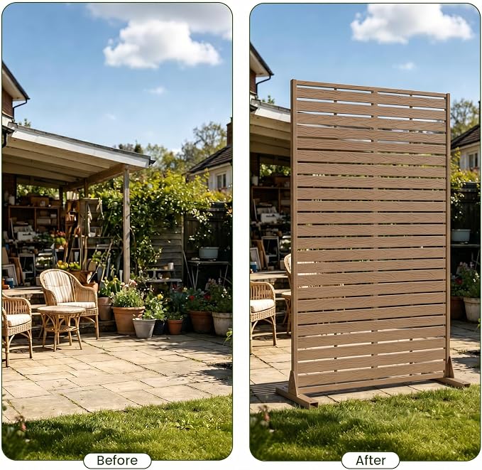 Outdoor Privacy Screen 60" H HDPE Decorative Panel Freestanding Privacy Fence with Stand, Privacy Screens with Louvered 5 Panels, Weather-Resistant Panel Fence for Patio,Balcony,Pool,Brown