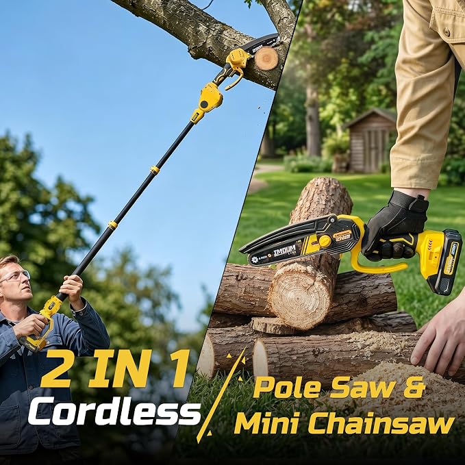 IMOUMLIVE 2-in-1 Pole Saws for Tree Trimming, 6 Inch Mini Chainsaw Cordless with 180°Rotatable Pole, 21V Battery Powered Electric Pole Saw, Lightweight Tree Trimmer High Branch Pruner with Battery