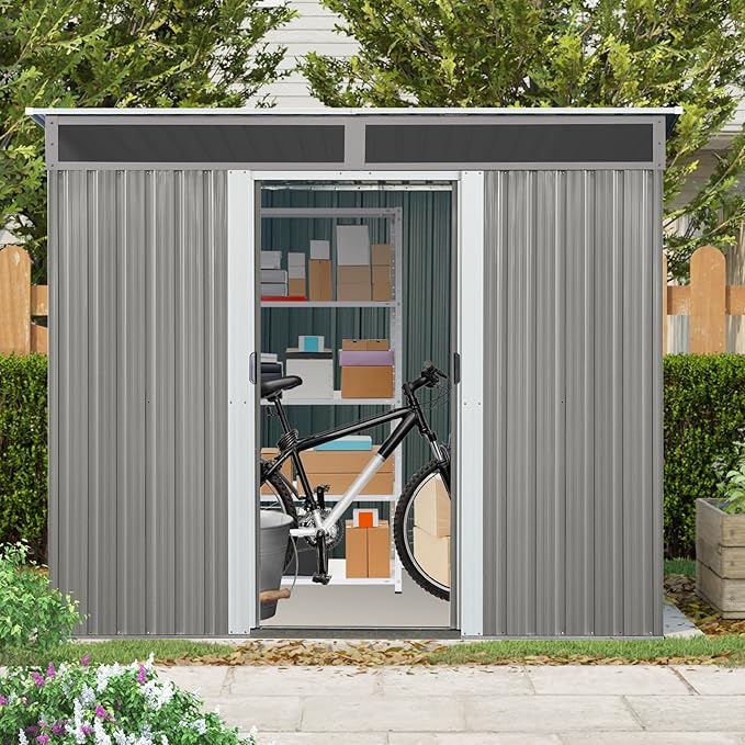 KEIKI 8x6 FT Outdoor Metal Storage Shed with Sloped Roof,Window,Transparent Plate and Lockable Door for Garden Yard Lawn