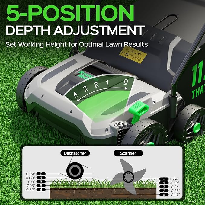 TIECTOWN 14-Inch 13.5 Amp 2-in-1 Electric Dethatcher and Scarifier with 11.5-Gallon Collection Bag, Lawn Dethatcher with 5-Position Depth Adjustment, Blade Replacement Without Tool - Green