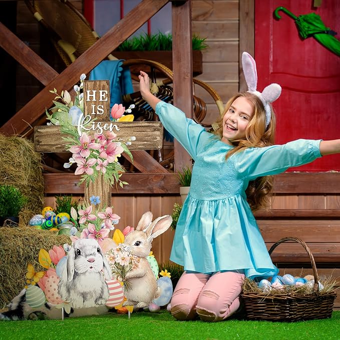 Weysat Easter Metal Yard Signs He Is Risen Cross Metal Decoration Outdoor 23.6 Inch Easter Rabbit Welcome Porch Sign Christian Yard Decorations with Stakes Waterproof for Home Garden Patio Lawn Party