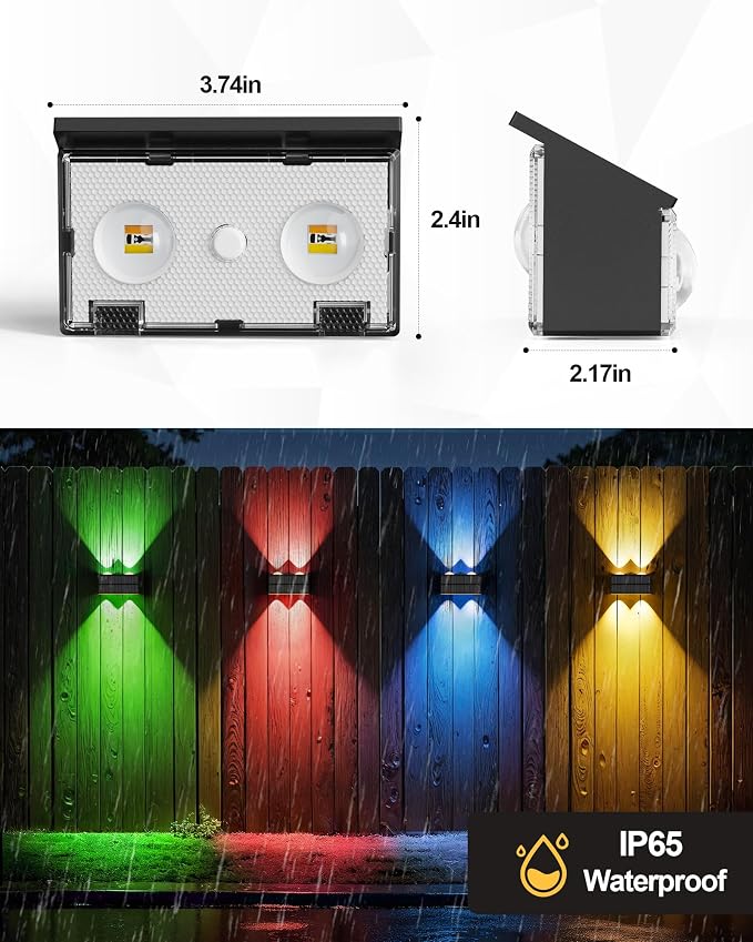 Bridika Solar Fence Lights Outdoor, 16 Pack Up and Down Wall Light, 8 Colors Lens LED Dusk to Dawn Solar Lights Outdoor Waterproof for Patio, Deck, Backyard, Garden Black
