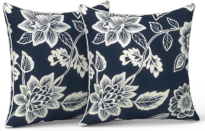 LVTXIII Outdoor Throw Pillows 18x18 Patio Waterproof Square Pillows with Piping Fade Resistant Accent Pillow for Spring Summer Garden Decoration, Set of 2, Elegant Vines Navy