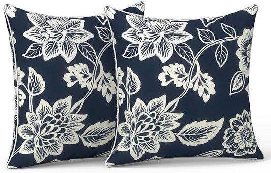 LVTXIII Outdoor Throw Pillows 18x18 Patio Waterproof Square Pillows with Piping Fade Resistant Accent Pillow for Spring Summer Garden Decoration, Set of 2, Elegant Vines Navy